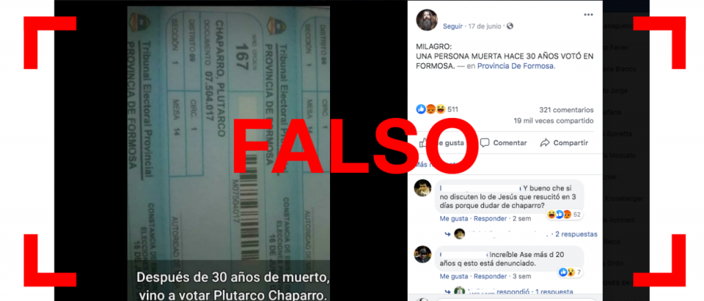 Reverso: Es falso que esta persona muerta votó en las últimas elecciones de Formosa