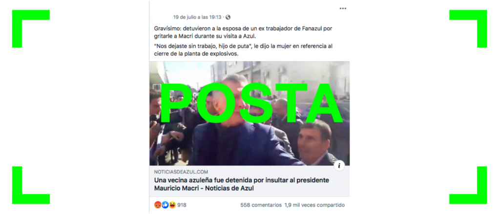 Reverso: Es verdadero que una mujer fue detenida en Azul por insultar a Macri